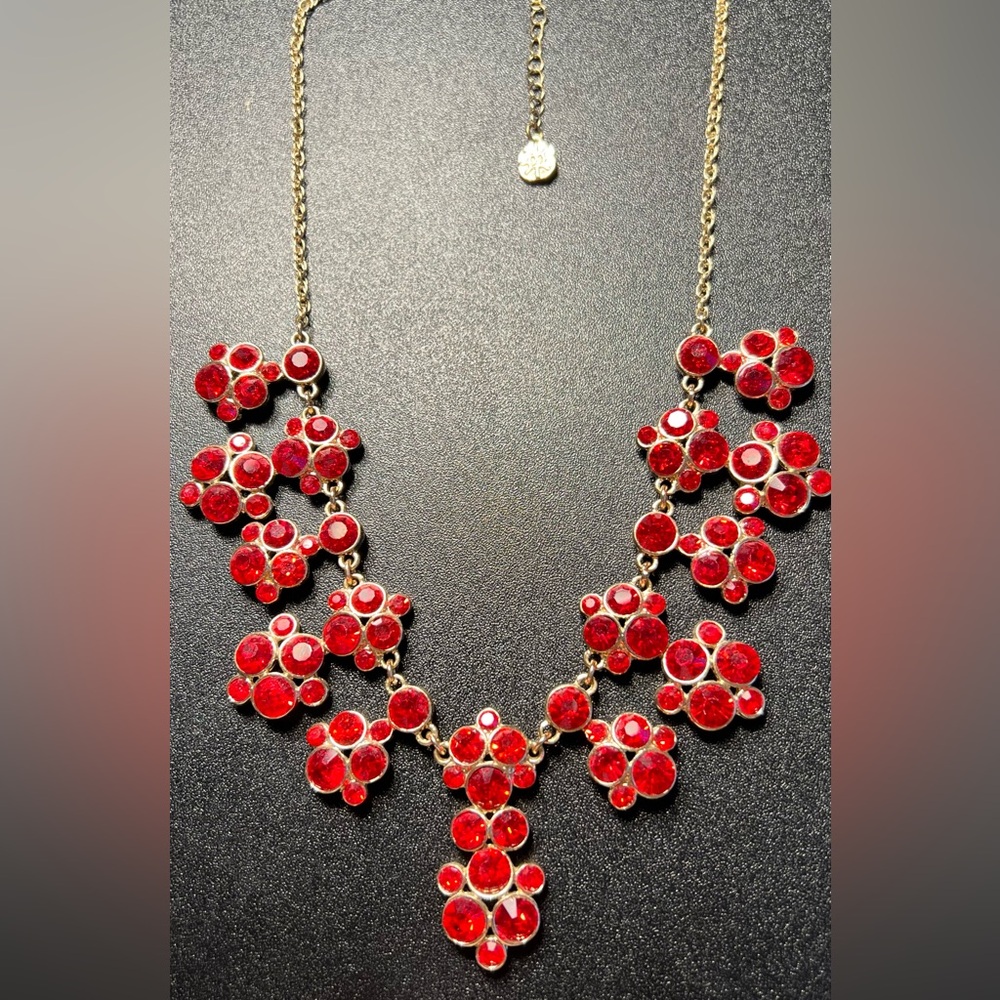 Monet Ruby Red Glass Rhinestones Dangle Drop Gold Tone Statement Necklace